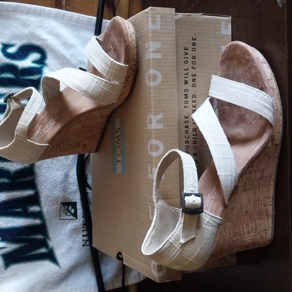 Toms Beige Linen Cork Wedges - Clarissa Size 8.5 - Picture 7 of 8